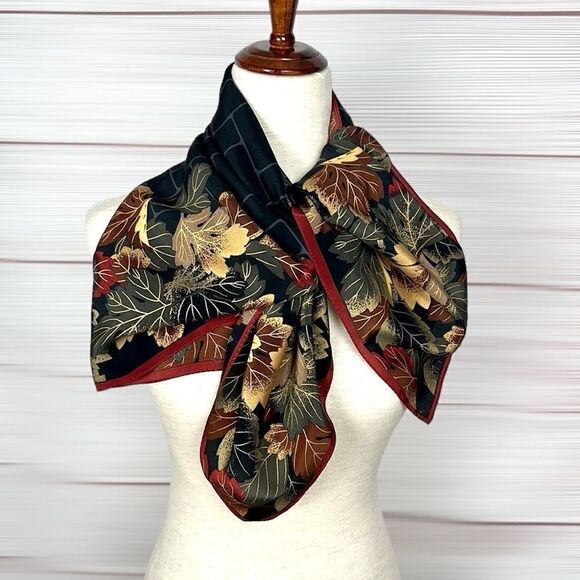 Boston Museum of Fine Arts Silk Scarf Black with Colorful Fall Leaves Print - Picture 12 of 13